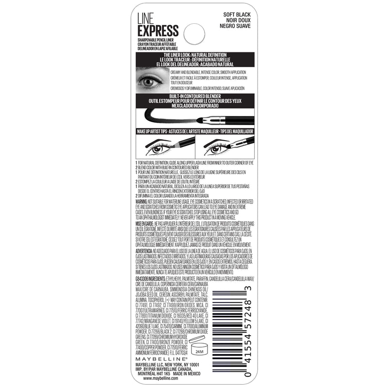 Maybelline Line Express Sharpenable Wood Pencil with Built-In Blending Smudger Tip Creamy Liner Eyeliner Eye Makeup, Soft Black, 0.035 oz. Maybelline New York