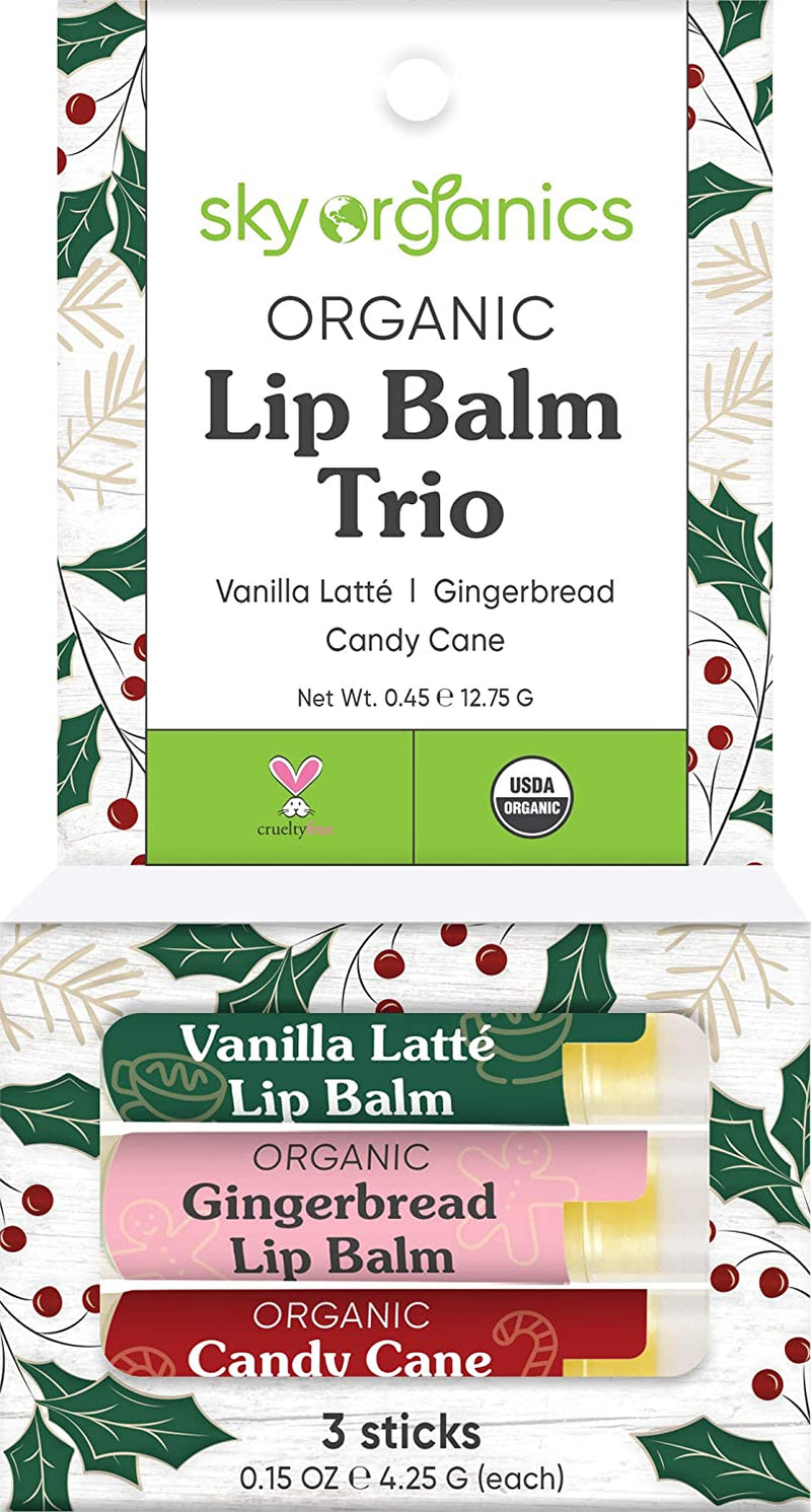 USDA Organic Lip Balm Trio by Sky Organics (3 Sticks) Winter Flavors Gift Pack Cruelty-Free Candy Cane, Gingerbread, Vanilla Latté Lip Balm Gift Set for Dry Lips Limited Edition Made In USA Sky Organics
