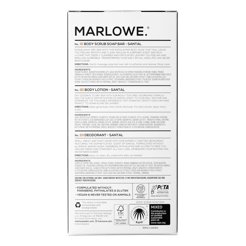 MARLOWE. Men's Grooming Santal Body Set, Features No. 102 Scrub Soap Bar, No. 024 Deodorant & No. 002 Body Lotion, Warm Amber, Sandalwood & Citron Scent Infinity Warehouse