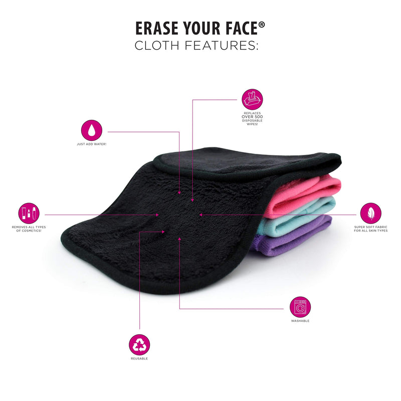 ERASE YOUR FACE Erase Your Face Make Up Removing Cloths, black, blue, pink, purple, 2 pack (count of 8) ERASE YOUR FACE