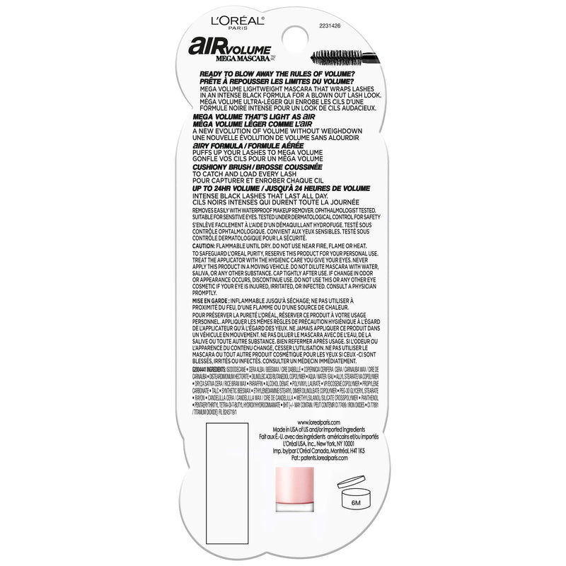 L'Oreal Paris Air Volume Mega Mascara, Lightweight Mega Volume Washable, WATERPROOF Blackest Black, 0.3 fl. oz. L'Oreal Paris