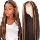 UNice Ombre Highlight Lace Front Human Hair Wig Brown Blonde Mixed Color, Brazilian Remy Straight Hair 13x4 Lace Frontal Wig Pre Plucked with Baby Hair for Women 150% Density (18inch) UNICE Store