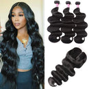 UNice 4X4 Middle Part Lace Closure T-Part Lace 100% Human Hair, Brazilian Body Wave 4X0.75 Hand-Tied Lace Closure with 3 Bundles Unprocessed Remy Hair Natural Color 18 18 18+16 Closure UNICE Store