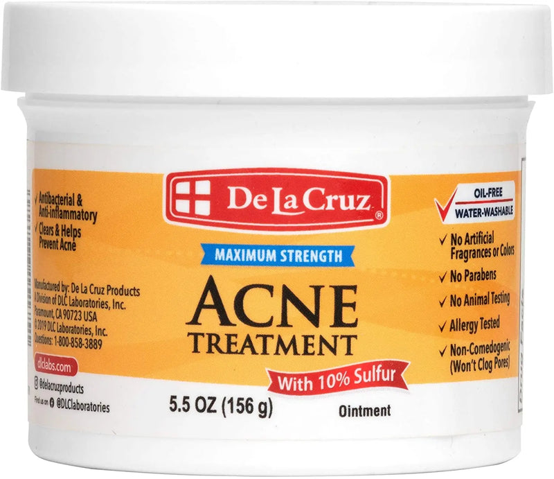 De La Cruz 10% Sulfur Ointment Acne Treatment - Medication to Clear Cystic Acne Pimples and Blackheads on Face and Body - Made in USA - Jumbo Size 5.5 oz De La Cruz