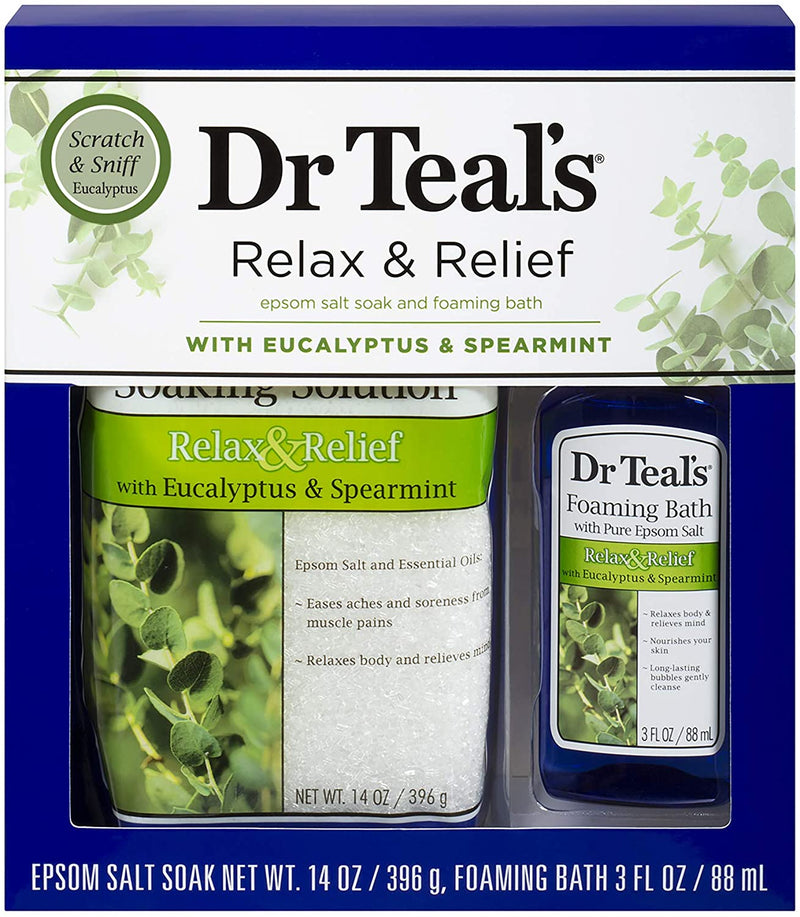 Dr Teal's Eucalyptus Epsom Salt & Foaming Bath Oil Sampler Gift Set - Give The Gift of Rejuvenation & Self Care! - 14 oz Bag of Eucalyptus Bath Salts & 3 oz Bottle of Eucalyptus Foaming Bath Oil Dr Teal's