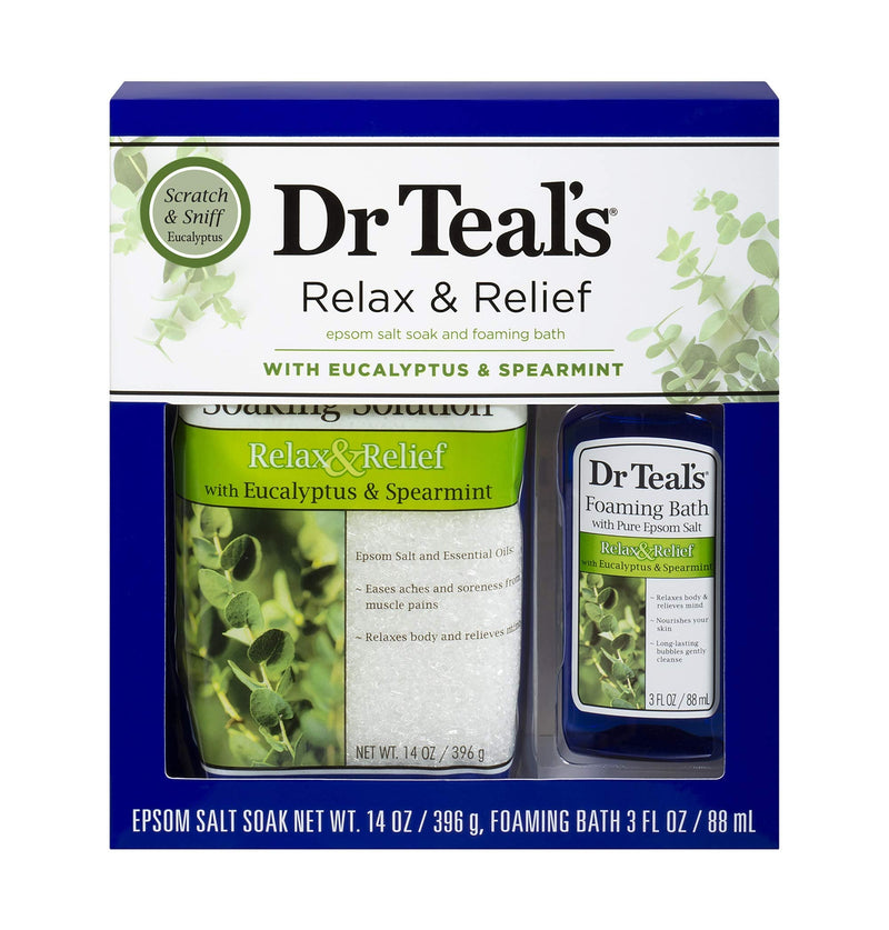 Dr Teal's Eucalyptus Epsom Salt & Foaming Bath Oil Sampler Gift Set - Give The Gift of Rejuvenation & Self Care! - 14 oz Bag of Eucalyptus Bath Salts & 3 oz Bottle of Eucalyptus Foaming Bath Oil Dr Teal's