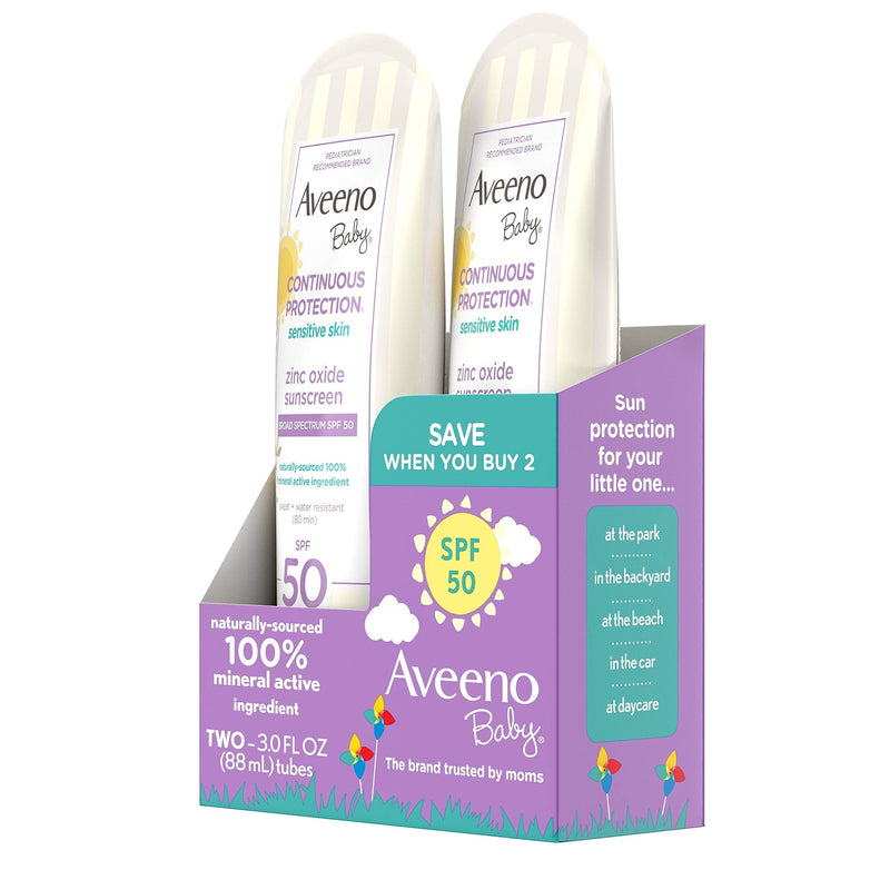 Aveeno Baby Continuous Protection Zinc Oxide Mineral Sunscreen Lotion for Sensitive Skin, Broad Spectrum SPF 50, Paraben- & Tear-Free, Sweat- & Water-Resistant, Travel-Size, 2 x 3 fl. oz Aveeno