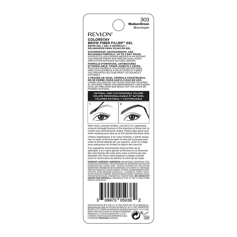 Revlon ColorStay Brow Fiber Filler, Longwearing & Volumizing Waterproof Eyebrow Gel, 303 Medium Brown, 0.23 fl. oz. REVLON Store