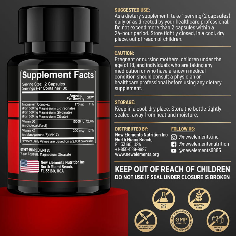 Magnesium Complex L-Threonate, Glycinate, Citrate with Vitamin D3 10,000 IU & K2 MK-7 – Brain, Bone & Immune Support – 60 Vegan Capsules – High Absorption, Non-GMO Infinity Warehouse