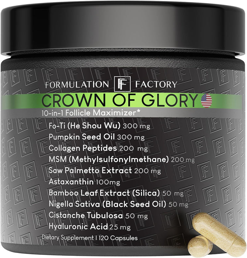 Formulation Factory Crown of Glory 10-in-1 Hair Growth Maximizer, DHT Blocker with Saw Palmetto, Fo-Ti, Collagen, Supports Thicker Hair & Scalp Health (2 Month Supply, 120 Capsules) Infinity Warehouse