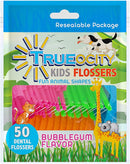 Trueocity Kids Dental Flossers 4 Pack (200 Total), Cute Animal Shapes Makes Flossing Fun, Dental Floss Glides Easy Between Teeth, Flosser Helps Prevent Tooth Decay & Gum Disease, Bubble Gum Flavored Trueocity