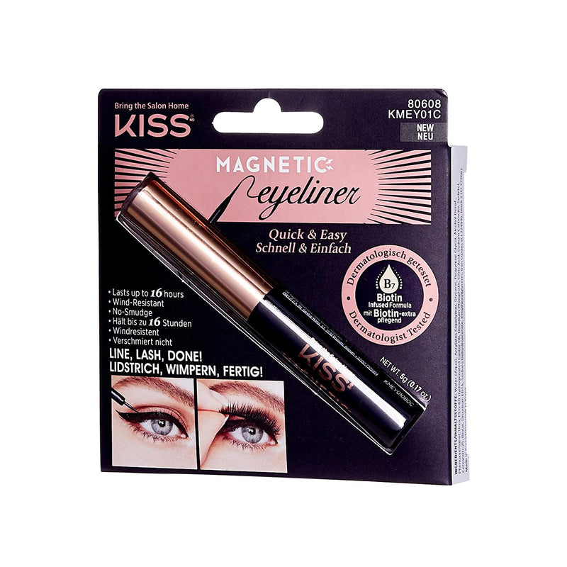 KISS Magnetic Eyeliner, Black, 0.16 Ounce, Smudge Proof, Biotin Infused, Free of Synthetic Fragrances, Dyes, Parabens, Petrochemicals, And Formaldehyde with Precision Tip Brush KISS