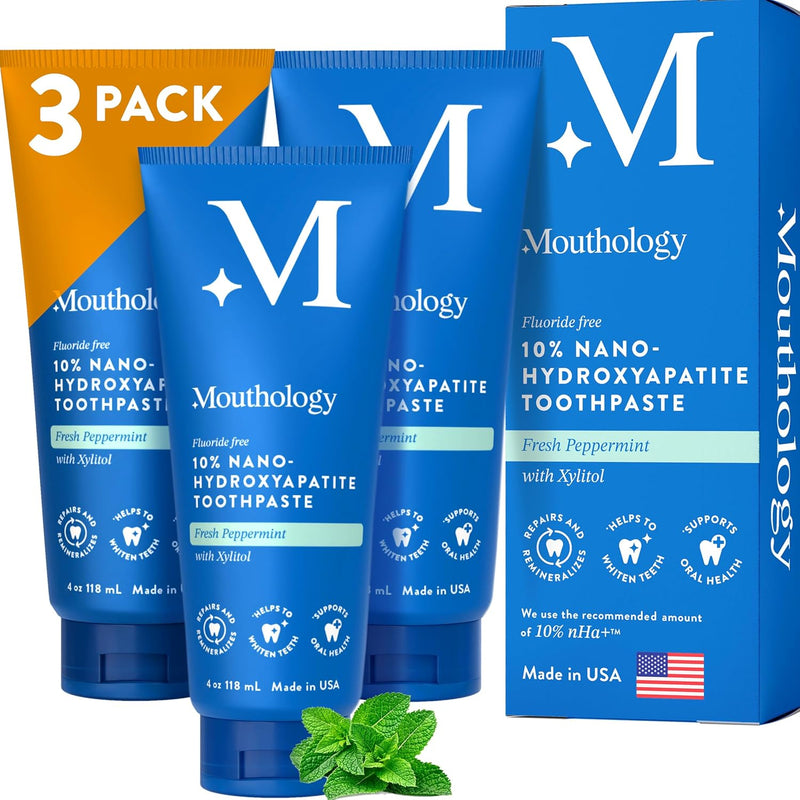 Mouthology 10% Nano Hydroxyapatite Toothpaste (Fluoride Free), Whitening, Remineralizing, Natural, Sensitive Teeth, SLS Free, Xylitol Nano-Hydroxyapatite Toothpaste for Adults, Mint 4oz (USA Made) Infinity Warehouse