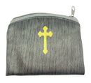 Bamboo Textured Pewter Rosary Case with Gold Stamped Budded Cross, 3 7/8 Inch Patterned Rosary Pouches