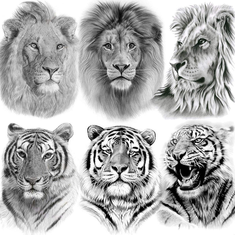 EGMBGM 6 Sheets Tribal Realistic Lion King Temporary Tattoo Stickers For Men Kids Cool Black Ink Tiger Drawing Waterproof Fake Tattoos For Women Body Art Real Large Tatoos Temporary Paper Set Animals EGM