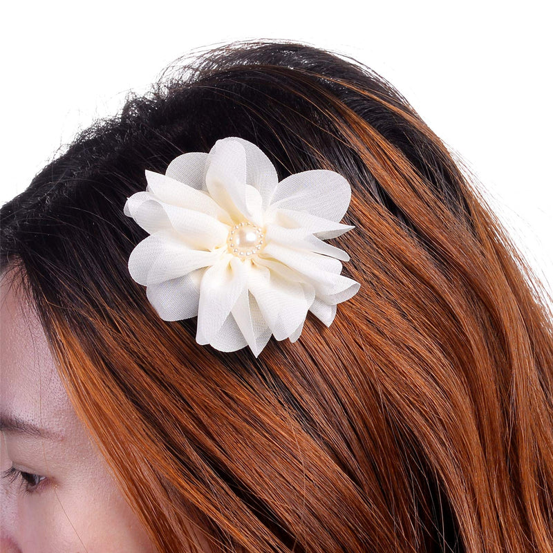LUX ACCESSORIES White Fabric Floral Center White Pearl Silver Tone Finish Set of 2 Hair Clips LUX ACCESSORIES