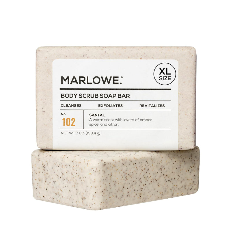 MARLOWE. No. 102 Body Scrub Soap 7 oz, Santal, Exfoliating Soap Bar with Shea Butter, Olive Oil & Green Tea Extracts, Cleanses, Smooths & Revitalizes Skin, Warm Amber, Spice & Citron Scent Infinity Warehouse