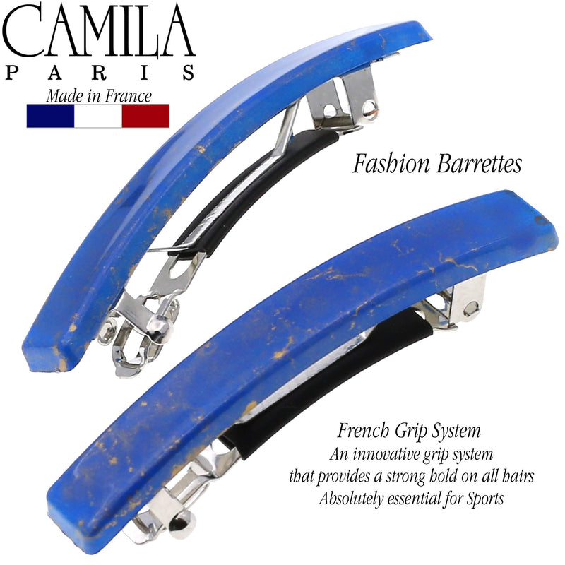 Camila Paris CP3042 French Hair Barrette Clip for Girls, Set of 2 Blue Rubberized Metal Clasp Strong Hold Grip Hair Clips for Women, No Slip Durable Styling Girls Hair Accessories, Made in France Camila