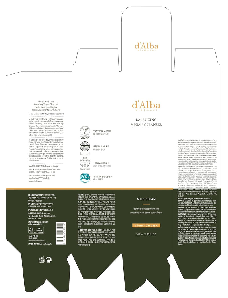 d'alba Piedmont Italian White Truffle Mild Skin Balancing Vegan Cleanser, Hydrating and Calming Cleanser, Mild pH Cleanser with White Truffles for Sensitive Skin, Non-Tightening Gentle Formula