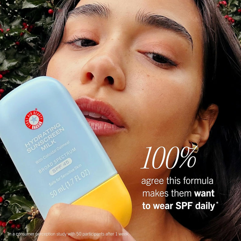 First Aid Beauty Hydrating Sunscreen Milk with Colloidal Oatmeal SPF 45 | Broad Spectrum | Non-comedogenic | Helps Nourish Skin | with Organic UV Filters & Glycerin | 24-hour Hydration | 1.7 oz Infinity Warehouse