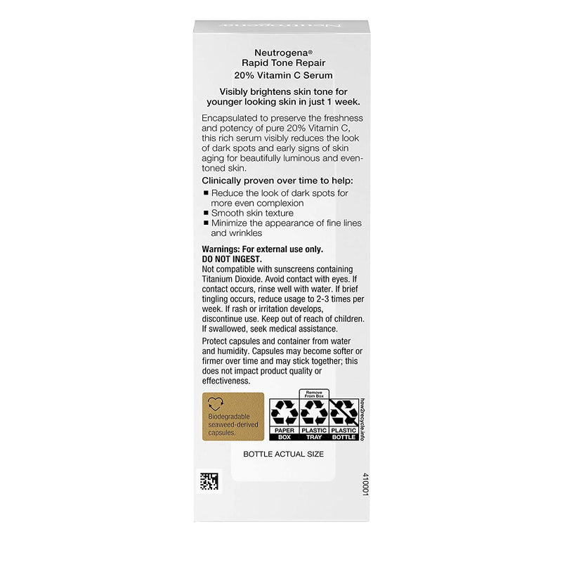 Neutrogena Rapid Tone Repair 20% Vitamin C Brightening Serum Capsules, Antioxidant Face Serum to Brighten Look of Dark Spots & Even Skin Tone, Oil-Free, 30 Serum Capsules Neutrogena