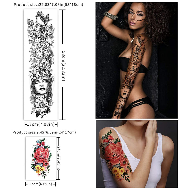 Full Arm Waterproof Temporary Tattoos 8 Sheets and Half Arm Shoulder Tattoo 10 Sheets, Extra Large LastingTattoo Stickers for Girls and Women (22.83"X7.1") Yazhiji