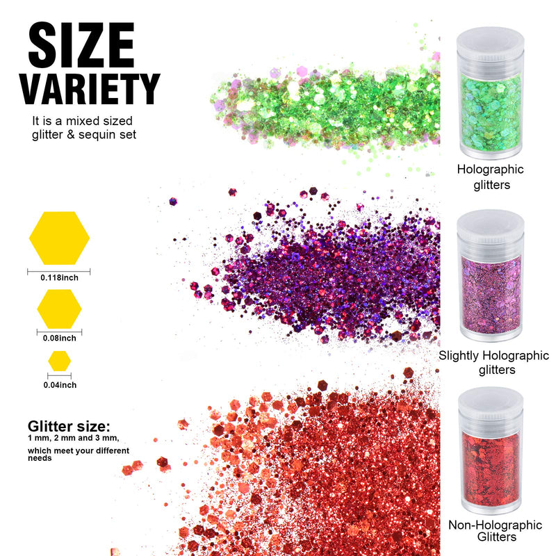 Festival Chunky and Fine Glitter Mix, Teenitor 32 Colors Chunky Sequins & Fine Glitter Powder Mix, Iridescent Glitter Flakes, Cosmetic Face Body Eye Hair Nail Art Resin Tumbler Glitter Loose Glitter Teenitor