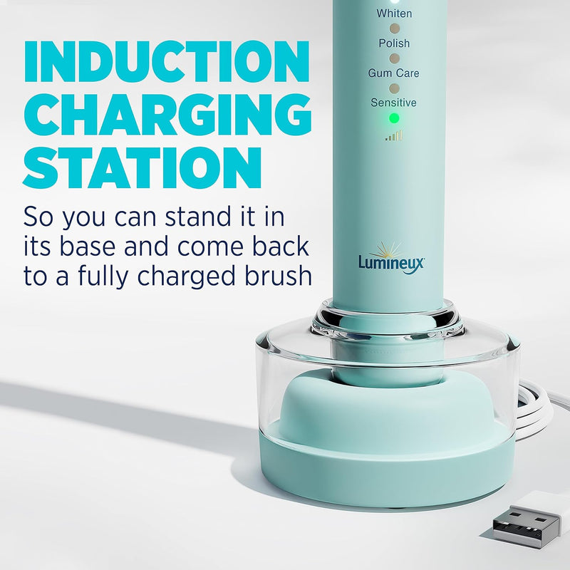 Lumineux Teeth Whitening Sonic Bamboo Electric Toothbrush for Adults - Includes 2 Soft Bristle Replaceable Bamboo Toothbrush Heads, Charging Station & USB Charge Cord - Rechargeable, Light Blue