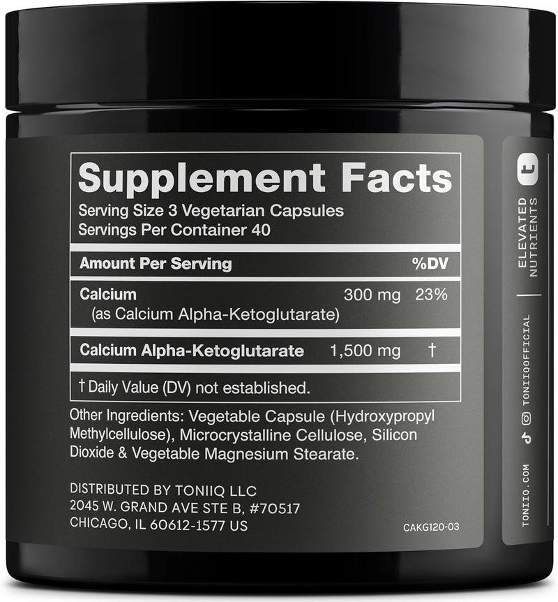 Toniiq 1500mg Ultra High Purity Ca AKG Supplement - 99%+ Highly Purified and Bioavailable Calcium Alpha-Ketoglutarate - Calcium AKG Longevity Supplement - 120 Ca-AKG Vegetarian Capsules Infinity Warehouse