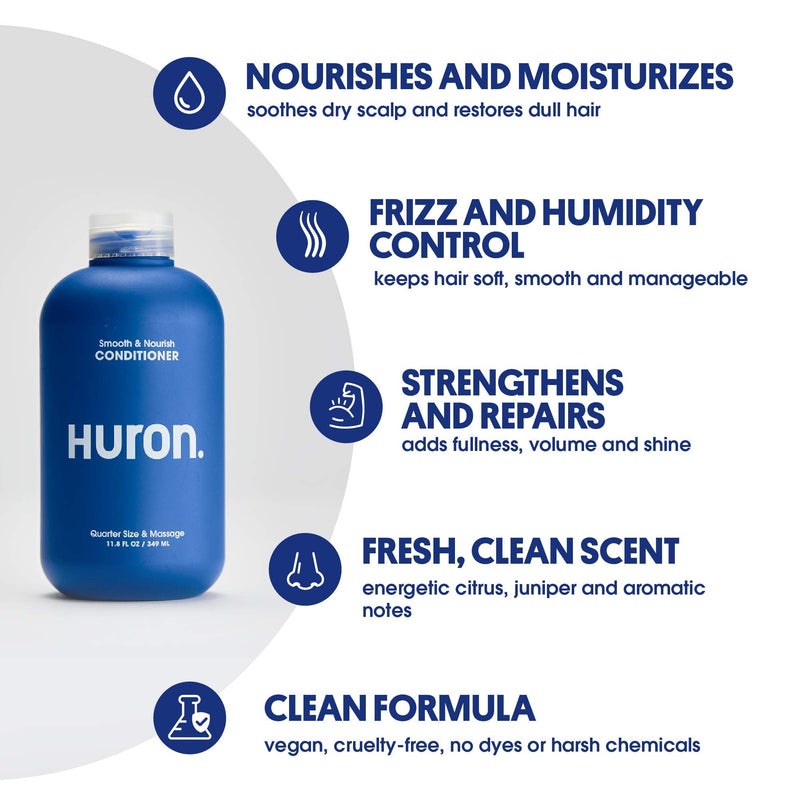 Huron - Men's Smooth & Nourish Conditioner. Lightweight conditioner rehydrates as it moisturizes, smoothes frizz, and restores shine. Fresh, clean scent. Sulfate-free. 100% vegan. 12 oz HURON
