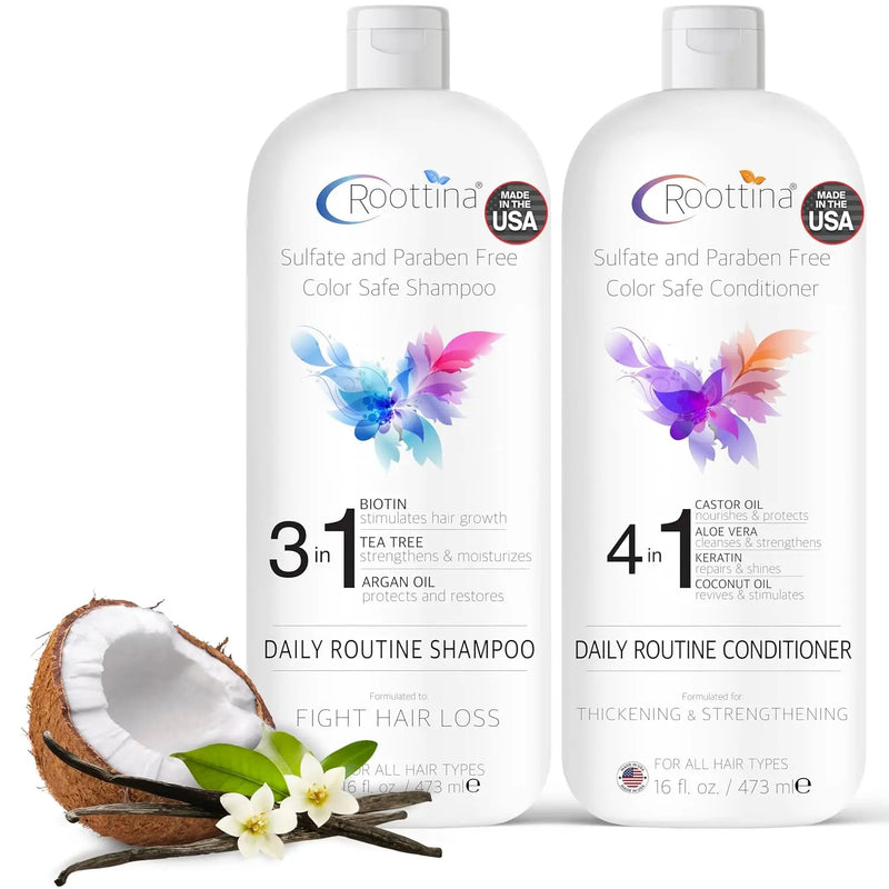 Fights Hair Loss, Roottina Daily Routine Shampoo and Conditioner Set with DHT Blockers for Women, Promotes Hair Thickening and Growth, , Made in USA (16 fl oz x 2) Infinity Warehouse