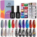 Beetles Nail Foil Glue Kit, 15ML 2 Bottles Tranfer Glue Gel with 20PCS Metal Holographic Flower Stickers Set Nail Foil Transfer Gel Set Manicure Art DIY Nail, LED Lamp Required Soak Off beetles Gel Polish