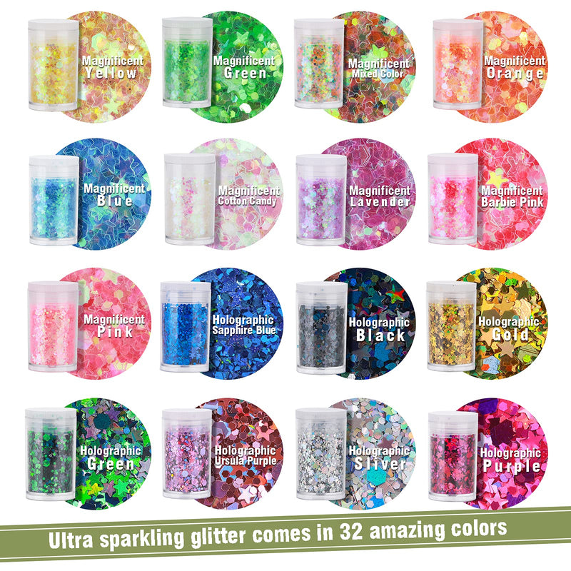 Teenitor Glitter, Chunky Glitter Mixed, Nail Glitter with Stars, Cosmetic Face Body Eye Hair Glitter, 32pcs Teenitor