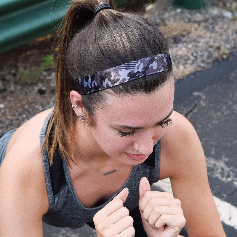 Sweaty Bands Womens Girls Headband - Non-Slip Velvet-Lined Workout Hairband - Booty Camp Camo Black Gray 1-Inch Sweaty Bands