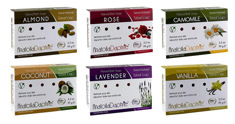 Anatolia Daphne 100% Natural Soap w/ Organic Ingredients, Vegan, Moisturizing, Handmade, Scented w/ Premium Essential Oils, Body Soap, Face Soap,and Bath Soap, Detox Spa Soap Bar Gift Set, 3.5 oz (Deluxe, Mix of 6) AnatoliaDaphne