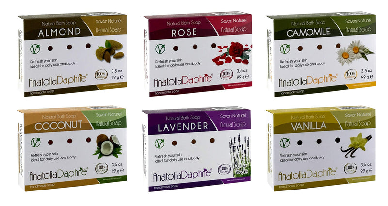 Anatolia Daphne 100% Natural Soap w/ Organic Ingredients, Vegan, Moisturizing, Handmade, Scented w/ Premium Essential Oils, Body Soap, Face Soap,and Bath Soap, Detox Spa Soap Bar Gift Set, 3.5 oz (Deluxe, Mix of 6) AnatoliaDaphne