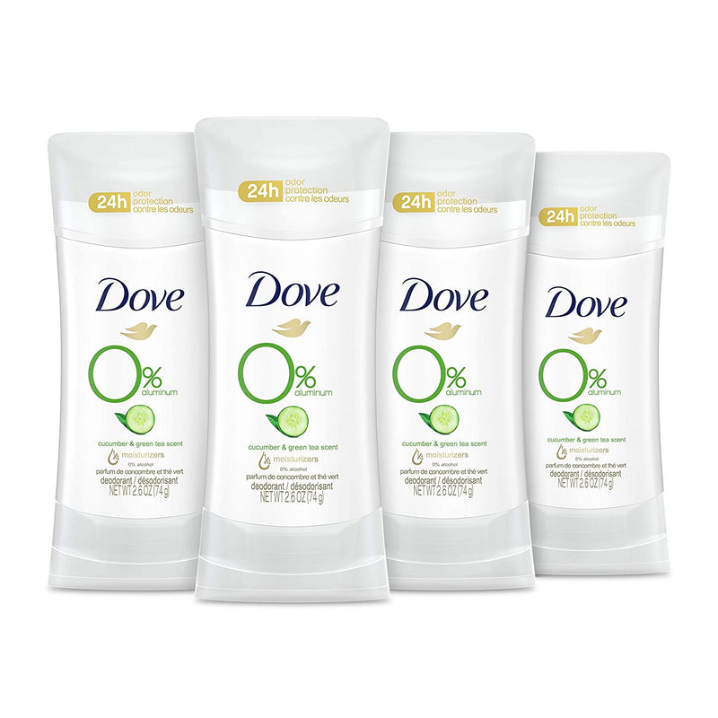 Dove 0% Aluminum Deodorant 24 Hours Odor Protection Cucumber and Green Tea with ¼ Moisturizers and 0% Alcohol 2.6 oz 4 Count Dove