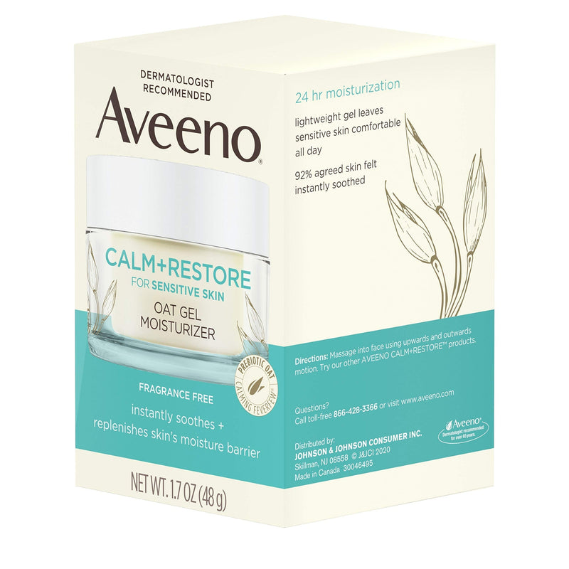 Aveeno Calm + Restore Oat Gel Facial Moisturizer for Sensitive Skin, Lightweight Gel Cream Face Moisturizer with Prebiotic Oat and Feverfew, Hypoallergenic, Fragrance- and Paraben-Free, 1.7 oz Aveeno