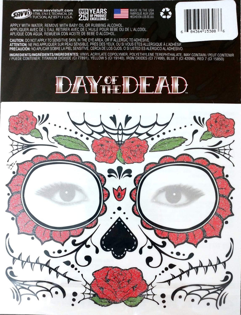 Glitter Red Roses Day of the Dead Sugar Skull Temporary Face Tattoo Kit - Pack of 2 Kits Savvi