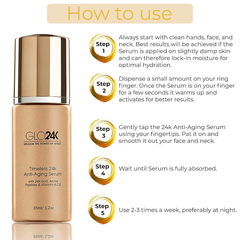 GLO24K Timeless Serum with 24k Gold, Peptides, and Vitamins A,C,E. A Powerful formula to nourish and revitalize your skin.