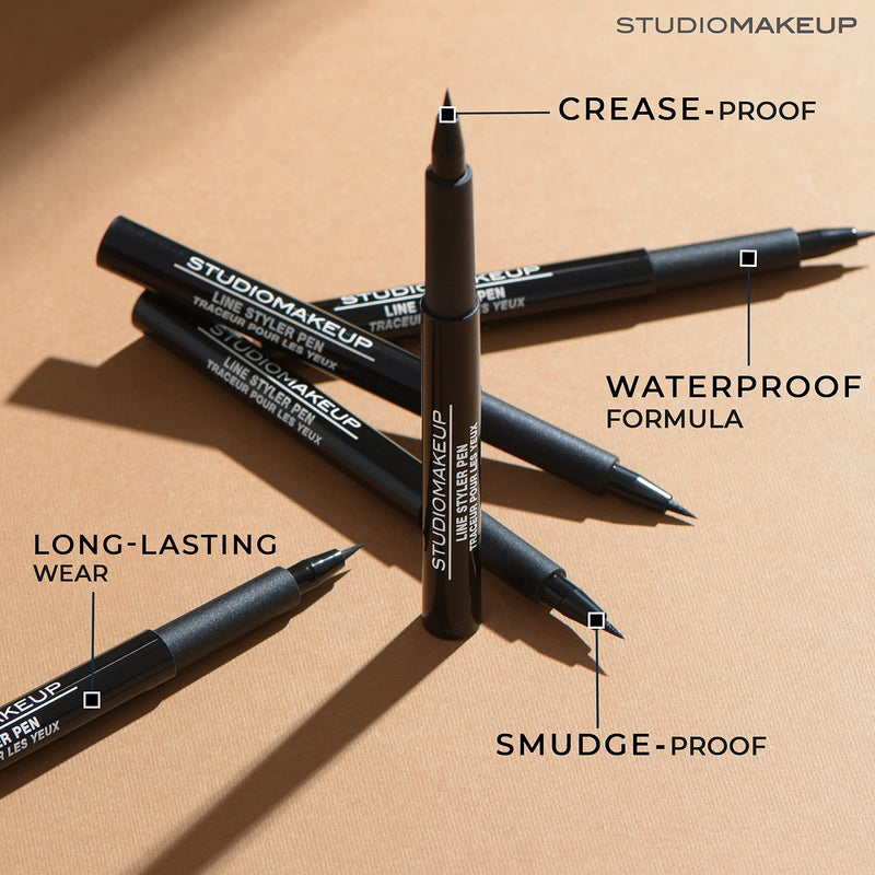 STUDIOMAKEUP Line Styler Pen – Smudge Proof & Waterproof Blackest Black Liquid Eyeliner Pen w/ Flexible Felt Tip - Long Lasting Sharp Line Eyeliner Pen Safe For Sensitive Eyes – Blackest Eyeliner Waterproof Studiomakeup