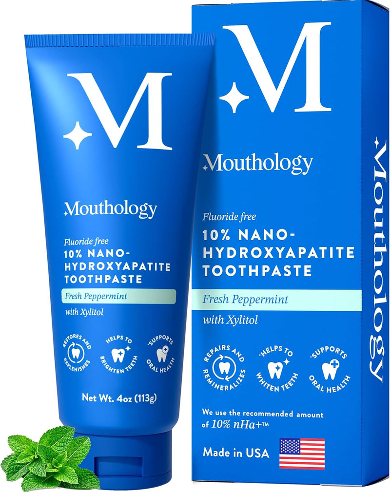 Mouthology 10% Nano Hydroxyapatite Toothpaste (Fluoride Free), Whitening, Remineralizing, Natural, Sensitive Teeth, SLS Free, Xylitol Nano-Hydroxyapatite Toothpaste for Adults, Mint 4oz (USA Made) Infinity Warehouse