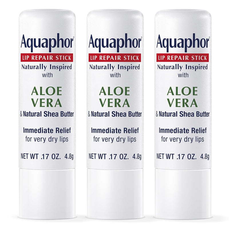 Aquaphor Naturally Inspired Lip Repair Stick with Aloe Vera and Natural Shea Butter, Hydrating Lip Balm Stick Immediately Relieves Dryness and Soothes Chapped Lips, 0.17 Oz Stick, Pack of 3 Infinity Warehouse