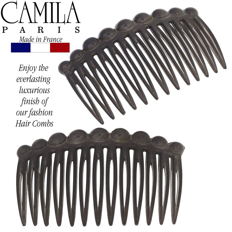 Camila Paris CP3034 French Hair Side Comb, 2 Pack Small Rounded, Gray Flexible Durable Cellulose Hair Combs, Strong Hold Hair Clips for Women, No Slip Styling Girls Hair Accessories Made in France Camila