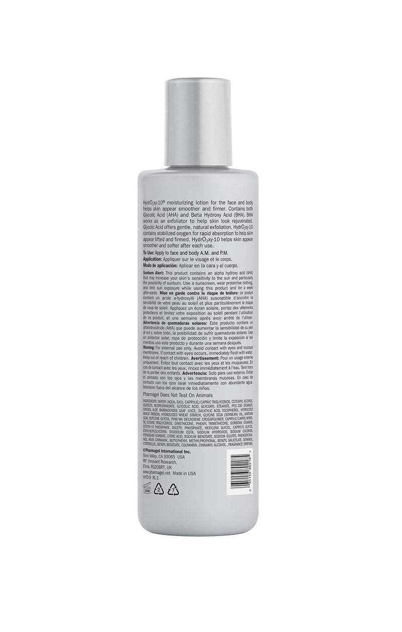 Pharmagel Hydro2 Xy 10 Lifting and Firming Concentrate Moisturizer | AHA and BHA Facial and Body Lotion | Rapid Absorption with Stabilized Oxygen - 8.5 fl. oz. Pharmagel