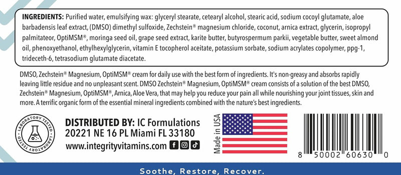 DMSO Cream 99.9% Pure Pharmaceutical Grade | Muscle, Joint & Skin Support | Fast-Absorbing Zechstein® Magnesium, OptiMSM®, Arnica, Aloe Vera, Vitamin E | Non-Greasy 3 oz (1 Pack) Infinity Warehouse