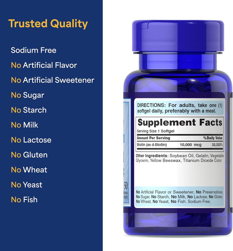 Puritan's Pride Premium Ultra Mega Biotin 10,000mcg, Dietary Supplement for Healthy Hair, Skin, Nails, and Energy Metabolism Support, 100 Day Supply, 50 Rapid Release Softgels, 2 Pack Infinity Warehouse