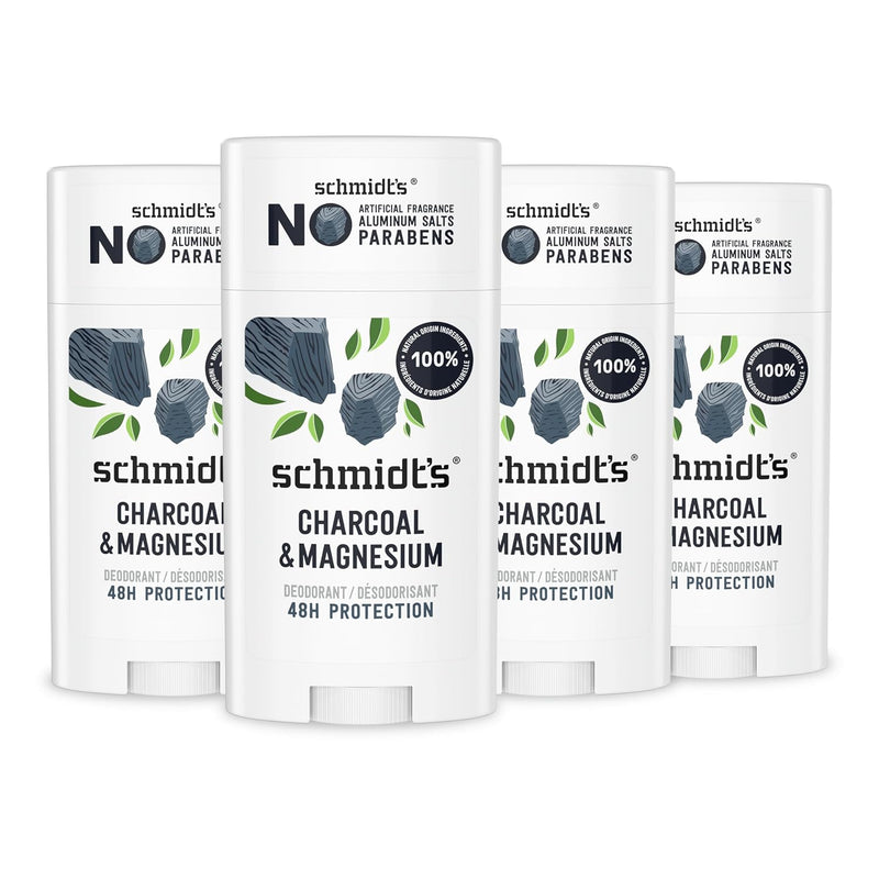 Schmidt's Aluminum-Free Vegan Deodorant Charcoal & Magnesium with 24 Hour Odor Protection, 4 Count for Women and Men, Natural Ingredients, Cruelty-Free, 2.65 oz Infinity Warehouse