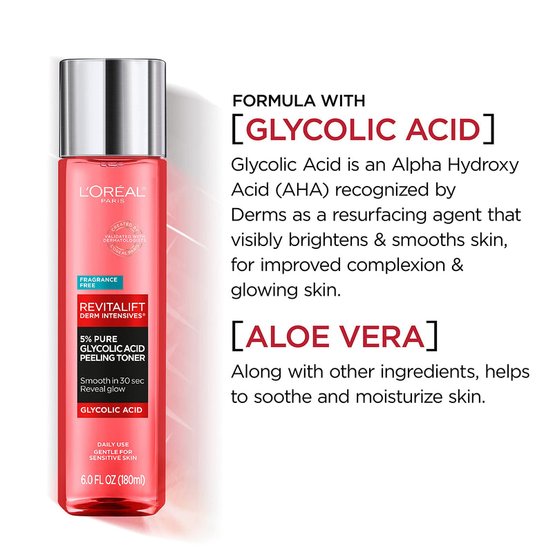 L'Oreal Paris Revitalift 5% Pure Glycolic Acid Peeling Toner from Derm Intensives with Aloe Vera, Smooth Skin & Reveal Glow, Daily Exfoliant for Brighter Skin, Fragrance and Alcohol Free, 6 Fl Oz L'Oreal Paris