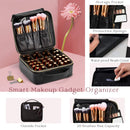 Leather Makeup Train Case Travel Makeup Bag PU Leather Cosmetic Bag Storage Organizer with Adjustable Divider Outside Pocket Portable Brush Holder Gift for Women - Black Leather Stagiant